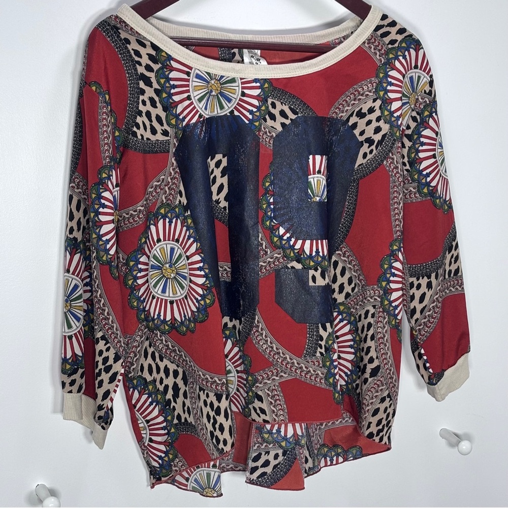 Y2K Vintage Topia Women’s Size 1X 09 Jersey Emblem Blouse Geometric Polyester